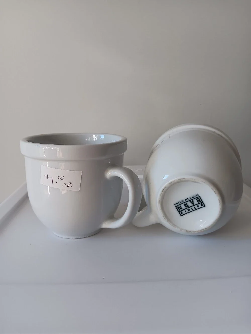 Pottery Barn Ceramic Classic Coffee Mugs White Set of 2 Handled Thick Rim Bistro